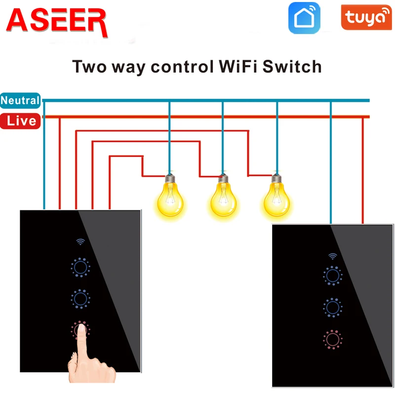 ASEER 2pcs WiFi Smart Switch US 1 2 3 4Gang Way Glass Wall Touch Switches Tuya or eWeLink APP Remote Control Alexa Google Home |