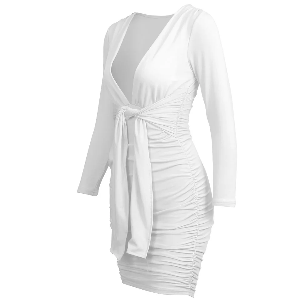 

Elegant Deep V-Neck Sexy Autumn Dress Women Fashion Long Sleeve Pleated Bodycon Party Dress Short Casual Dress Vestidos Hot