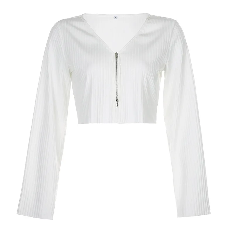 

2021 Autumn New Solid Color Zipper Top Women's Short Loose Cardigan Long-sleeved T-shirt Casual Top