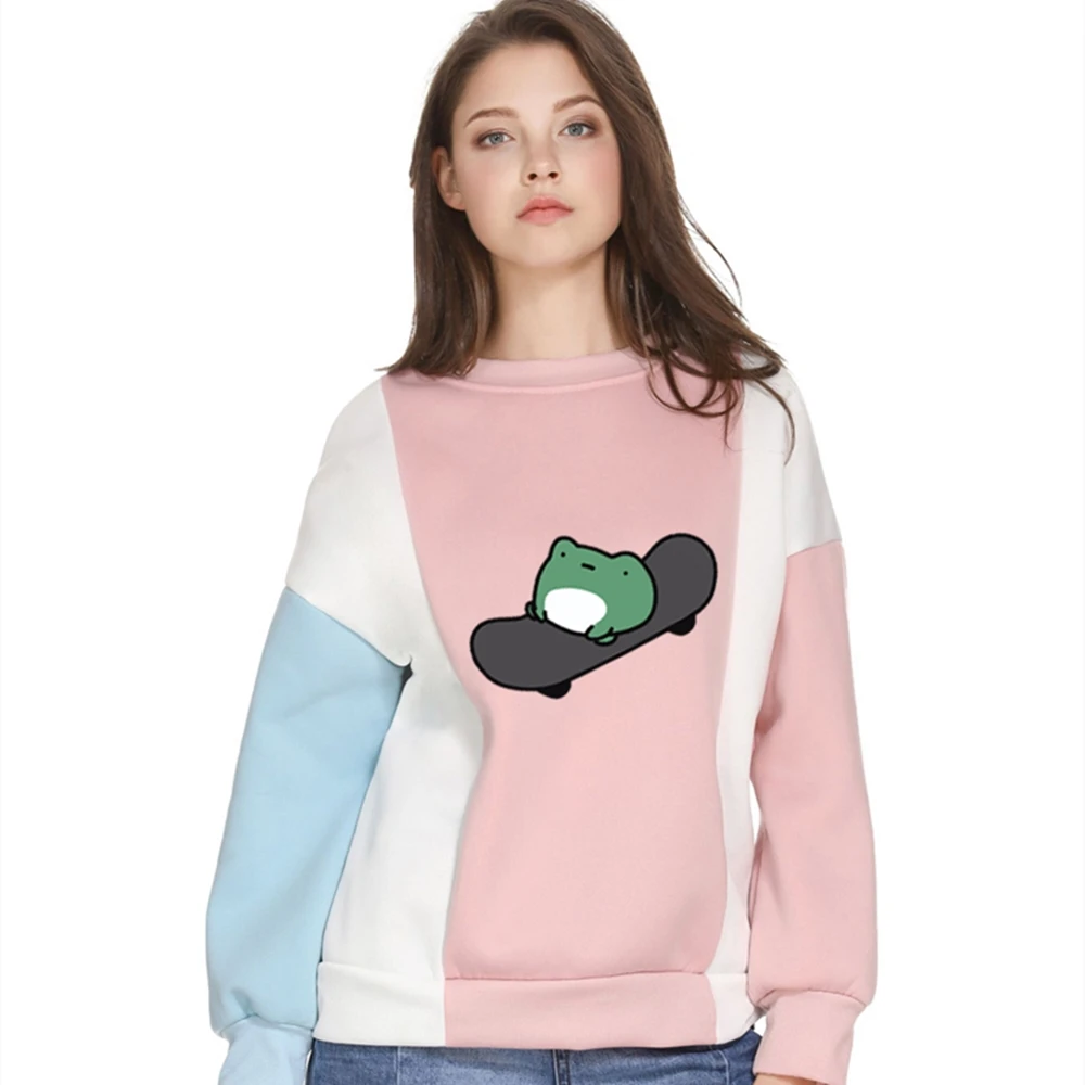 

Autumn Winter Women Fleece Spell Color Stitching Sweatshirt Skateboard Frog Pullover Cartoon Print Harajuku Kawaii O-neck Tops