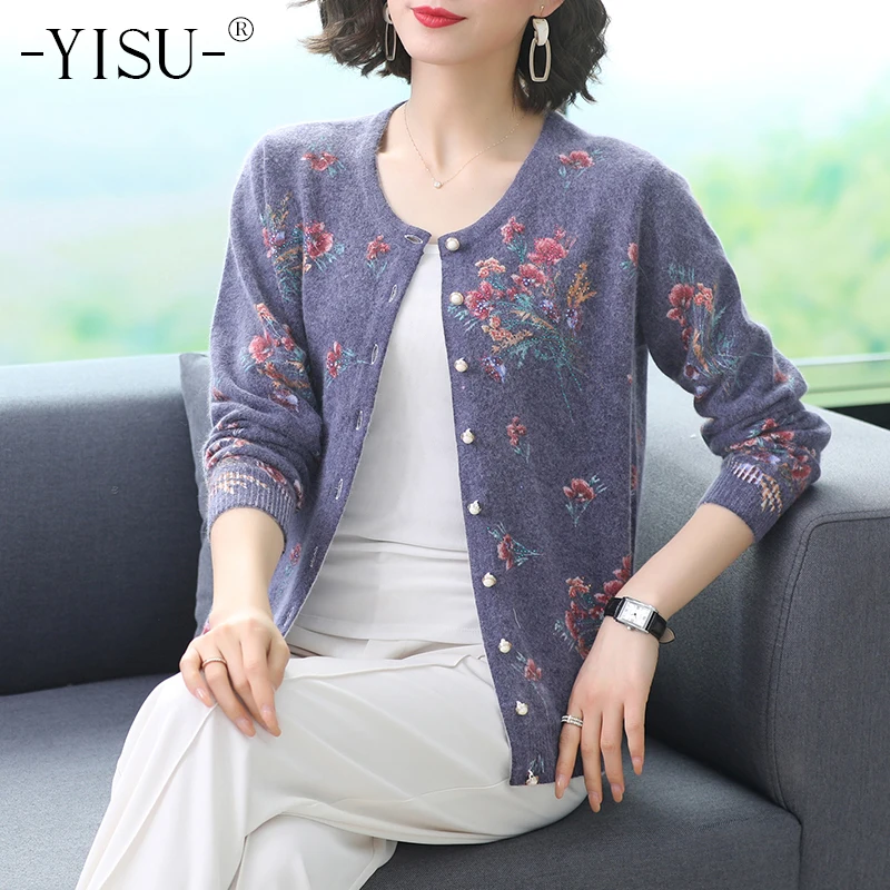 

YISU 2020 Autumn Winter Thick sweaters cardigan O-neck long-sleeved loose Cardigan outwear coat Printed cardigan sweater Women