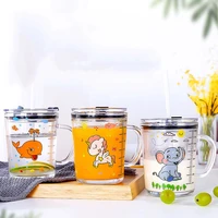 400ml straw glass cup cartoon pattern milk cup handle scale cup sealed leak proof heat resistant for children household new
