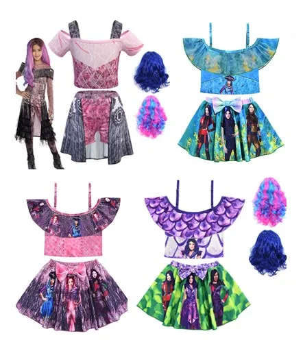 

New Halloween Cosplay Costume For kids Descendants 3 Mal&Uma Evie Baby Girls One shoulder Two-Piece Swimwear Bathing Bikini Wig