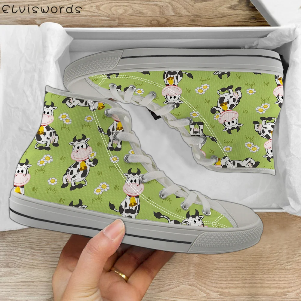 

Кеды ELVISWORDS женские с рисунком молочной коровы, модные высокие холщовые кроссовки, повседневная обувь на шнуровке с вулканизированной подошвой