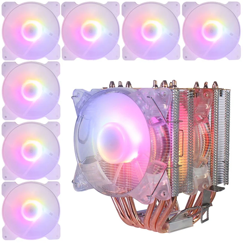 

6 Copper Tube CPU Radiator Chassis Fan Synchronous Lighting 1150AMD1366 2011 Crystal Light Dual Fan + Chassis Fan