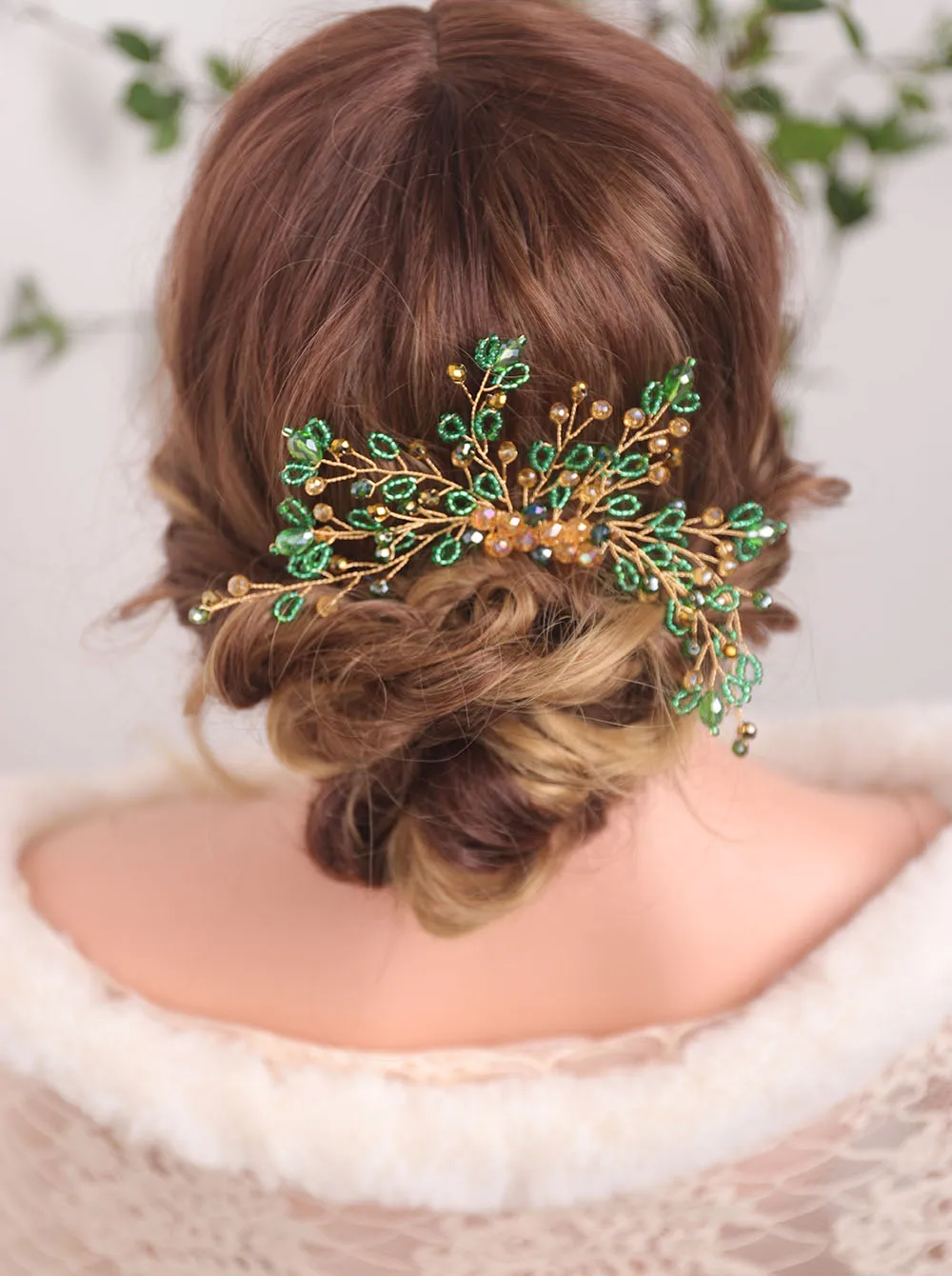Женская заколка гребень ручной работы с зелеными кристаллами|Свадебные головные