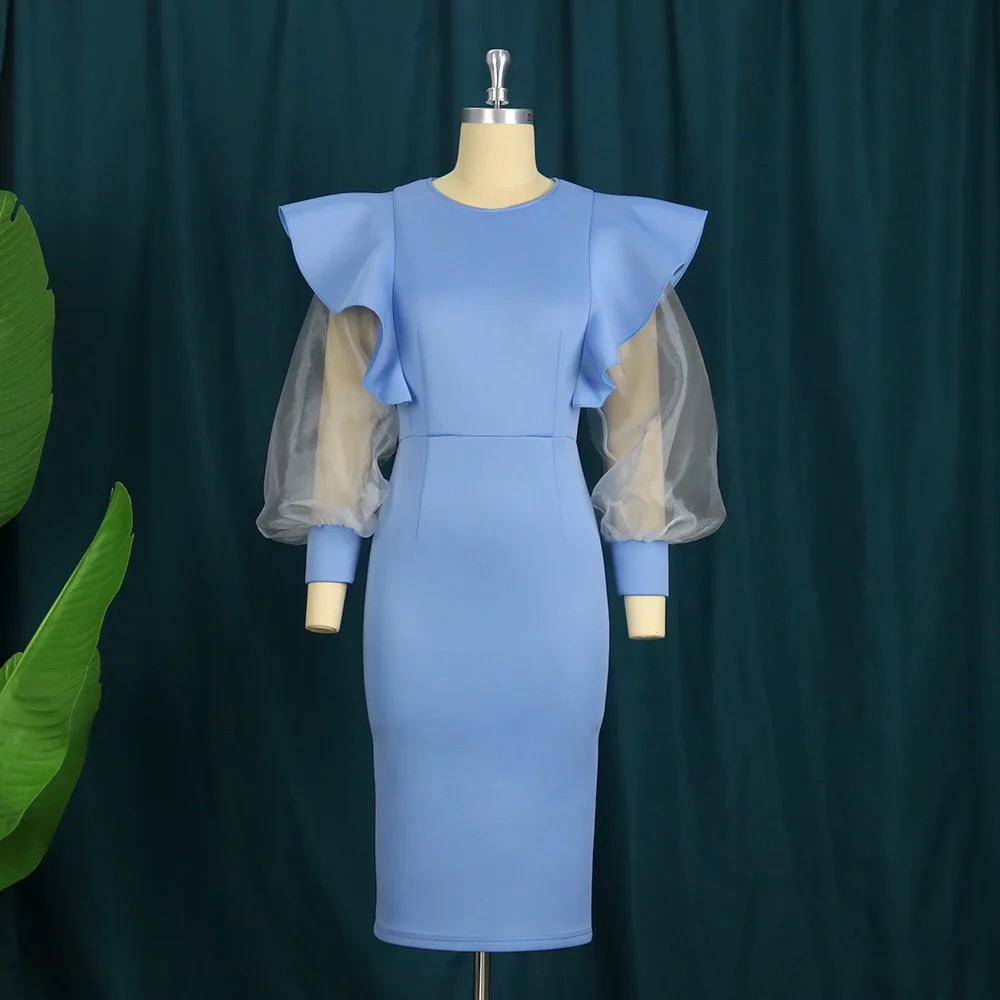 

Ruffles Women's Dress Round Neck See-through Organza Long Sleeves High Waist Party Sky Blue Fashion Evening Prom Party Dress