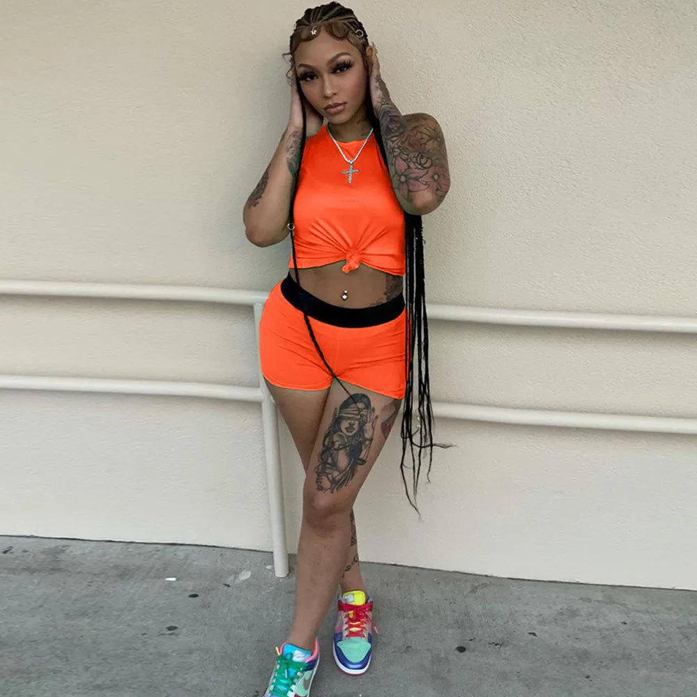 

Casualware Outfits Neon Color Women Sleeveless O Neck Tank Top and Workout Biker Short Gymwear Fitness Sporty Two Piece Suits