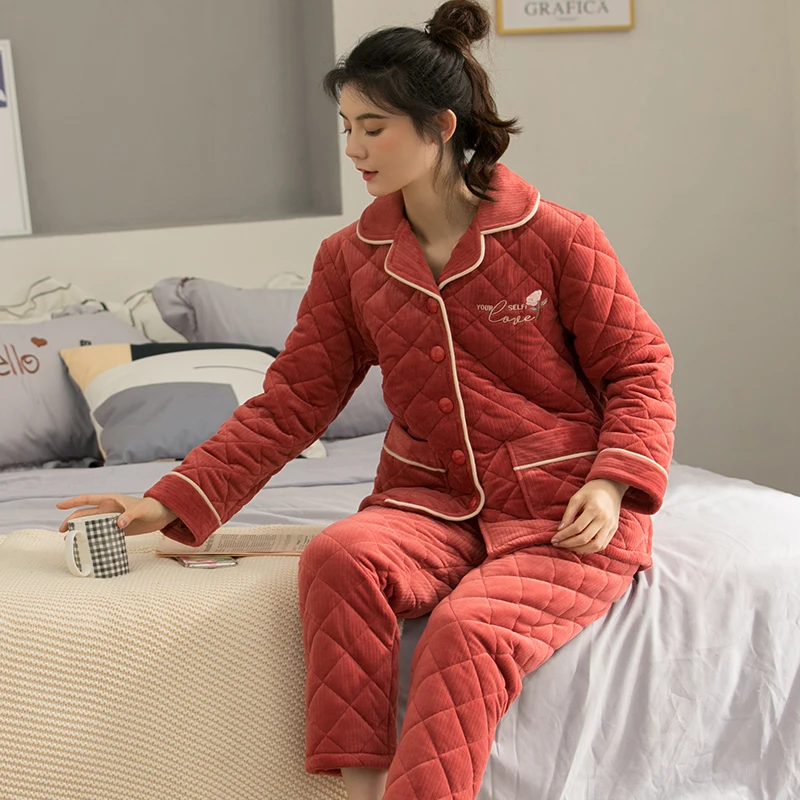 Three-Layers Quilted Women's Pajamas Set Solid Turn-down Collar Thicken Knit Cotton Homewear Casual Wear For Women