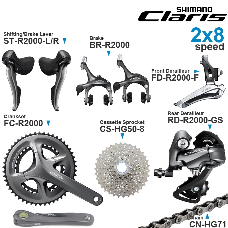

Набор компонентов SHIMANO CLARIS R2000 2x8 в, включает переключатель передач R2000, переключатель передач передний/задний, шатун тормоза и кассету HG50-8 HG71 цепи