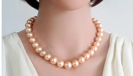 

classic natural south sea 12-13mm gold pink pearl necklace 18inch 925s kkk