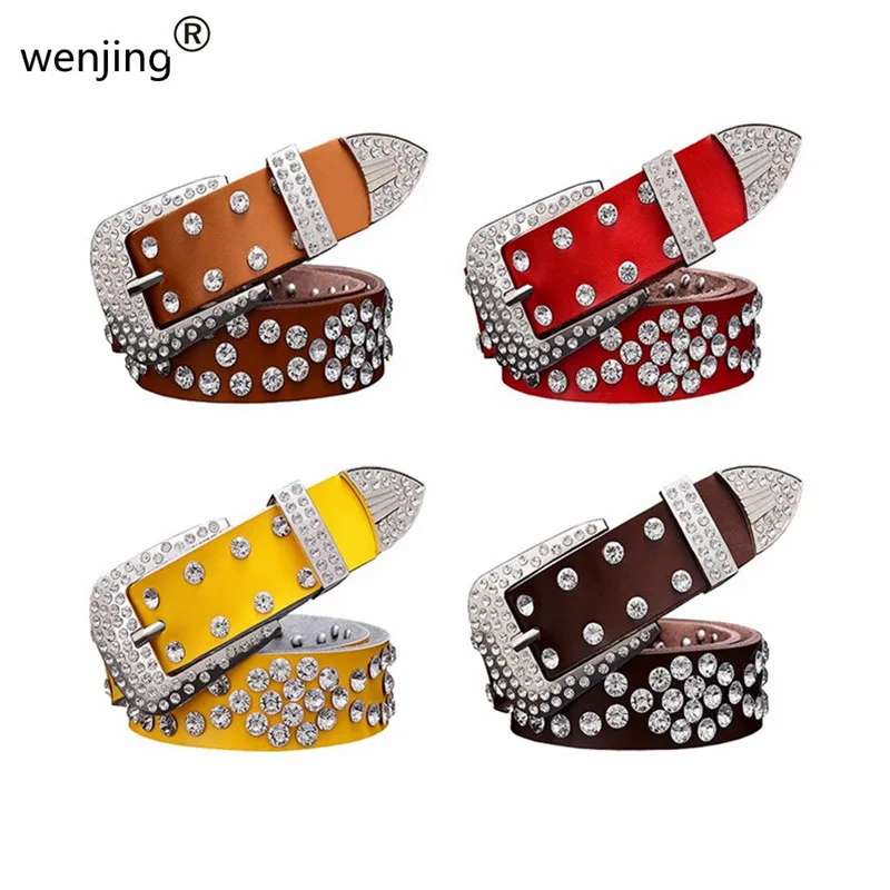 2020   Women 3.3 CM WIDE fashion leather belt  with  bling bling  Rhinestone wide gild genuine leather belt