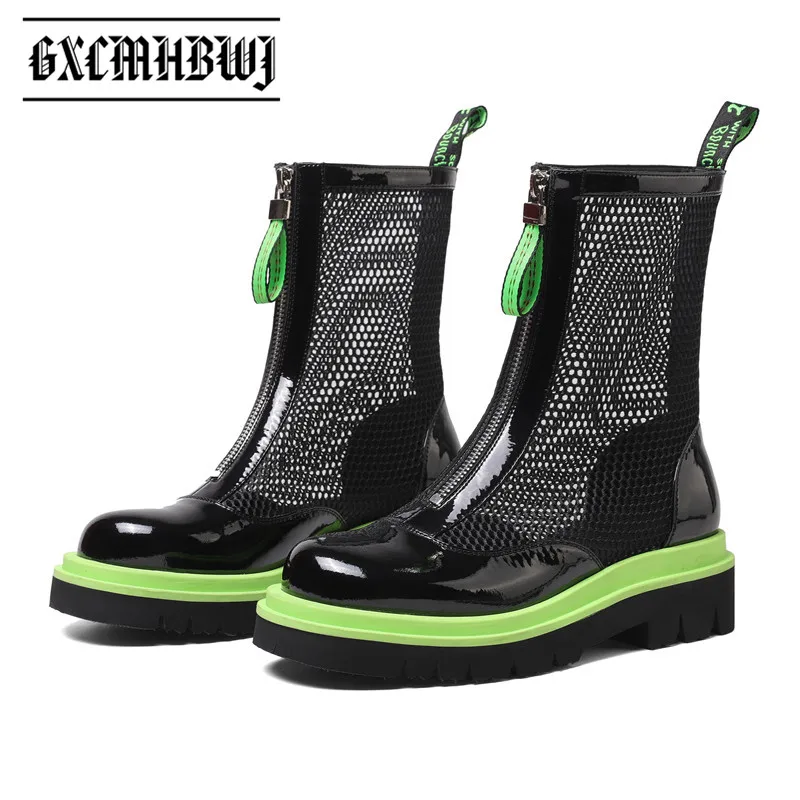

GXCMHBWJ Summer Newest Design Platform Ankle Boots Genuine Leather Women Shoes Mesh Front Zipper Chunky Heel Lady Short Booties