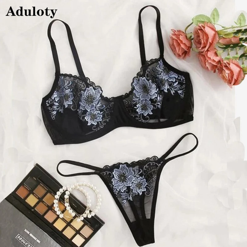 

Aduloty New sexy women's embroidered underwear set thin mesh see-through underwire gather bra panties erotic lingerie thong set