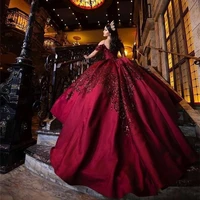 burgundy quinceanera dresses 2021 off shoulder party princess sweet 16 gown with appliques sequins lace up vestidos de 15 a%c3%b1os