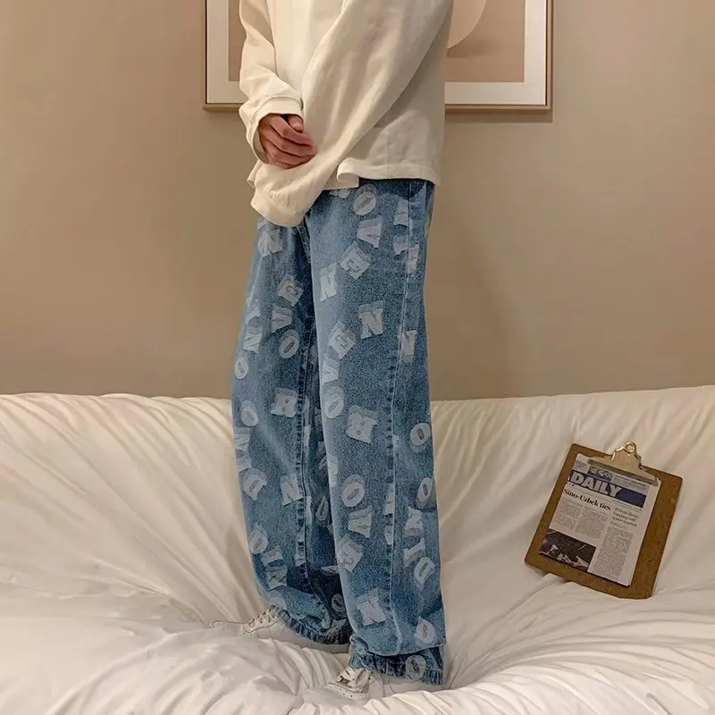 2021 Streetwear Abstract Funny Jeans Patchwork Printed Hip Hop Wide Leg Pants Men High Street hiphop | Мужская одежда