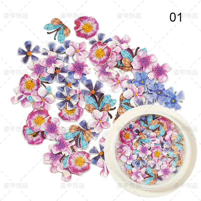 

50pcs 1box Mixed-Design wood pulp Slices Non-adhesive 3d Flower Nail Art Sticker Flower /Sunflower/ Leaf /butterfly Nail Decals