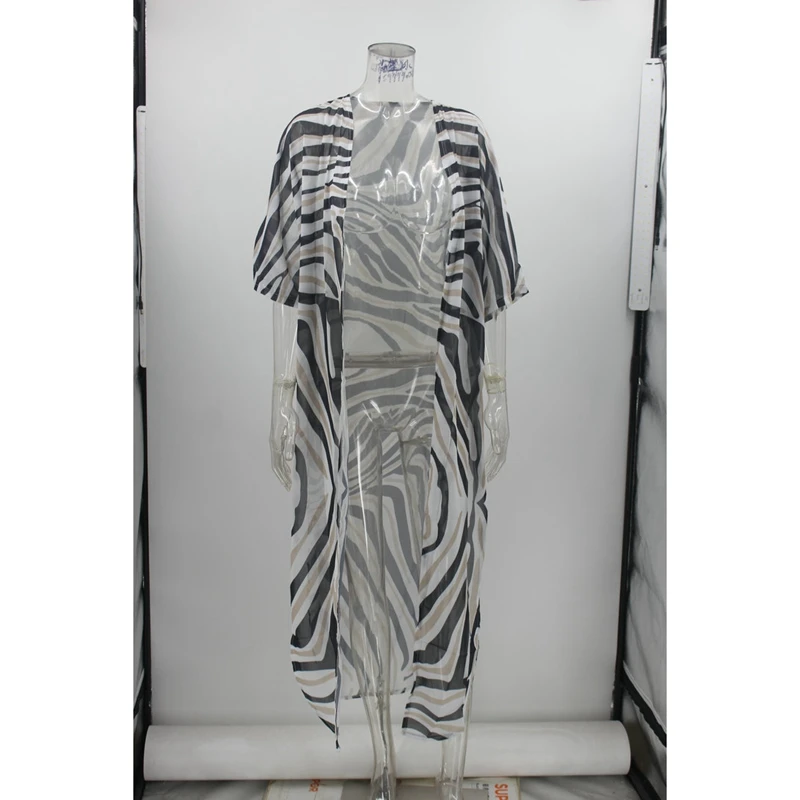

2021 Boho Sexy Striped Chiffon Bathing Suit Cover-ups Plus Size Beach Wear Kimono Dress For Women Summer Swimsuit Cover Up