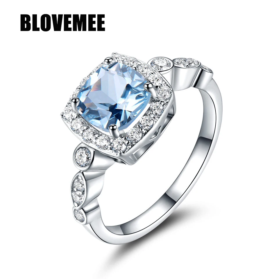 

BLOVEMEE Real S925 Sterling Silver Rings for Women Blue Topaz Ring Gemstone Aquamarine Cushion Romantic Gift Engagement Jewelry