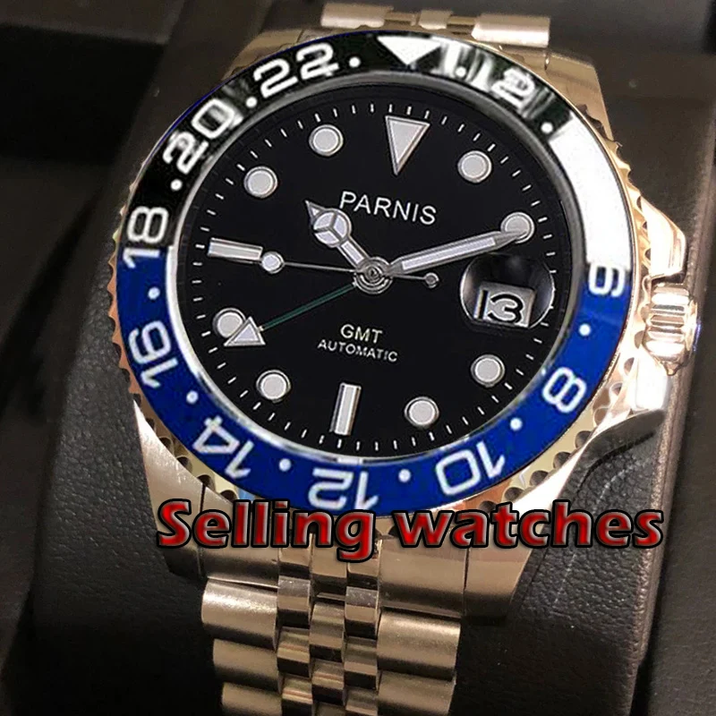 40 мм PARNIS черный циферблат ободок юбилейный браслет сапфировое стекло Дата