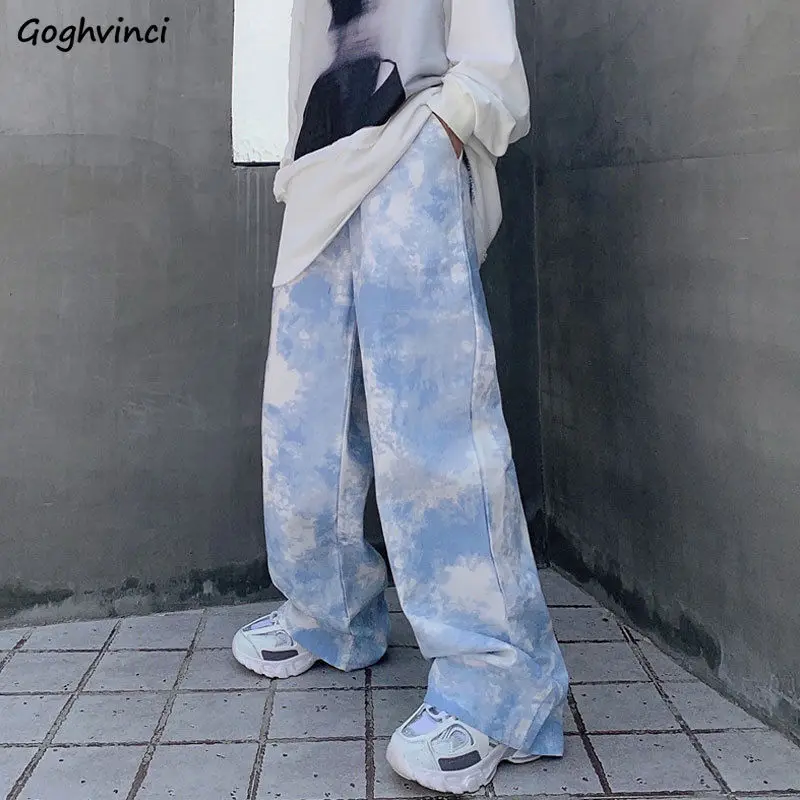 

Casual Pants Women Tie-dye Stylish Harajuku High Street Popular Female Summer Mopping Chic Ins Retro Girls Wide Leg Trouser Cozy