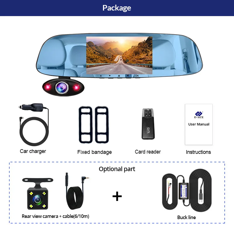 E-ACE Автомобильный видеорегистратор 3 объектив камеры 5 дюймов DVR зеркало FHD 1080P