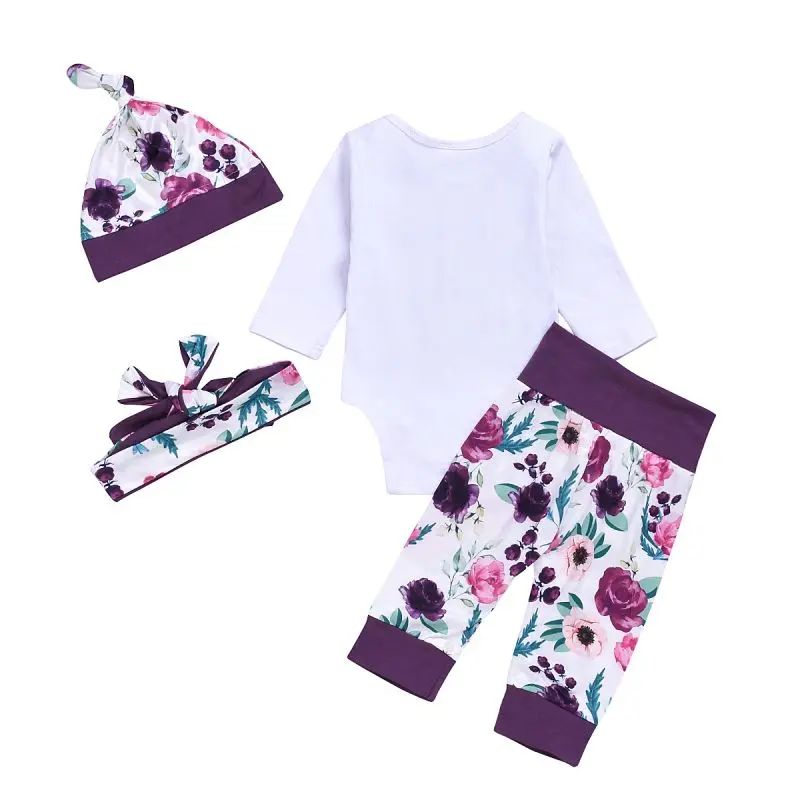 

Autumn Newborn Baby's Sets Four Piece Girls Letter Printing Long Sleeved Bodysuit Trousers Hat Hairband Sets