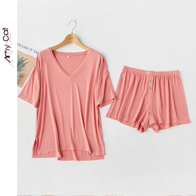 

2020 Korean Women's Pajamas, Modal Solid Color V-neck Short-sleeved Shorts Suit, Cotton Comfortable and Loose Plus Size Homewear