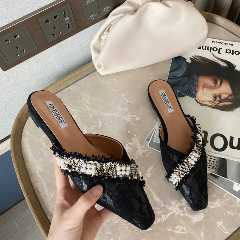 Lace Mules Shoes Women Flat Slippers Pearl Decoration Pointed Toe Female Fashion Slides Slip On Ladies Summer Autumn Loafers | Обувь