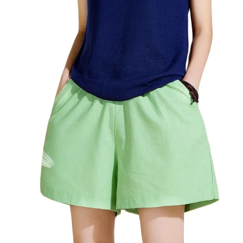 

Брюки женские льняные с завышенной эластичной талией, однотонные широкие свободные капри из хлопка, большие размеры, на лето