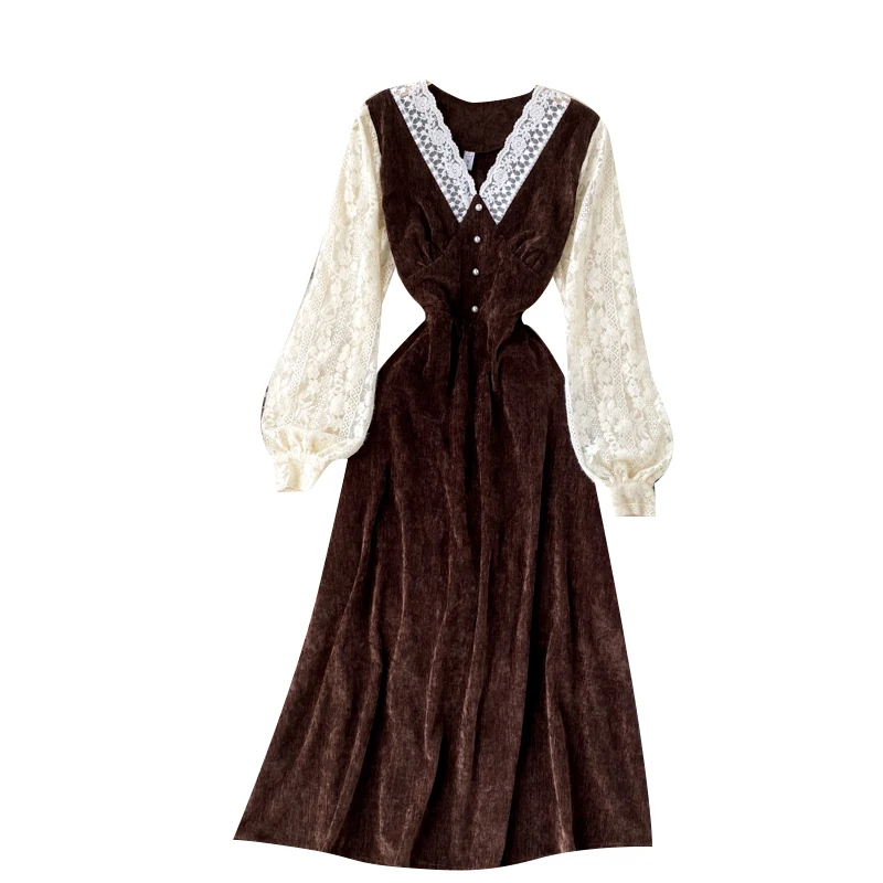 

Design French Velour Dress Women Sweet Splice Lace Puff Sleeve V Neck A-line Dresses Autumn Korean Streetwear Dress