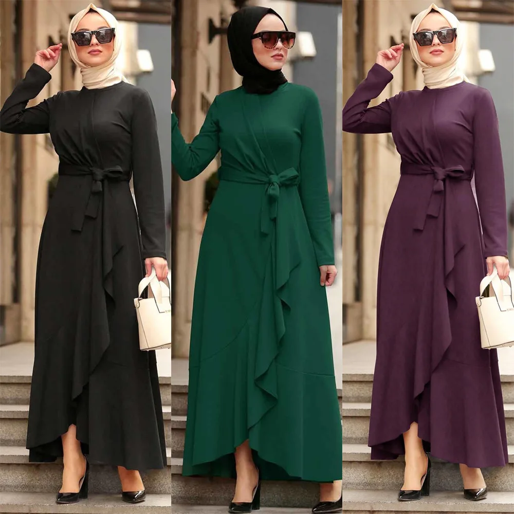 

Fashion Solid Color Dress Asymmetric Ruffle Hem Kimono Dubai Turkey Kaftan Muslim Cardigan Abaya Dress For Women Islam Clothing