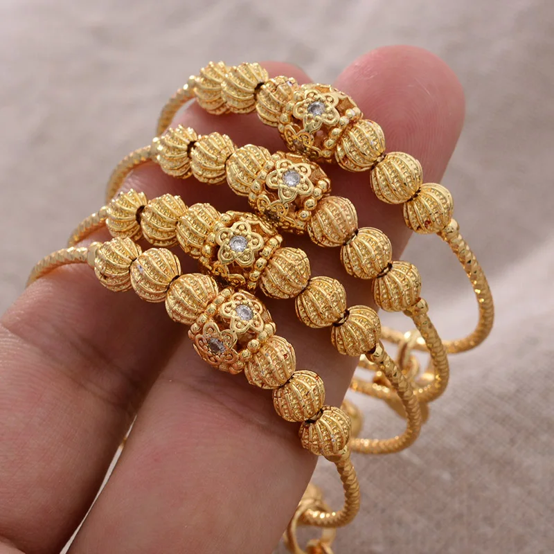 

24K 4pcs Small Bangle for Girls/Baby Gold Color Charm Ethnic Bracelet Bell Hollow Beads Jewelry For Child Party Gifts