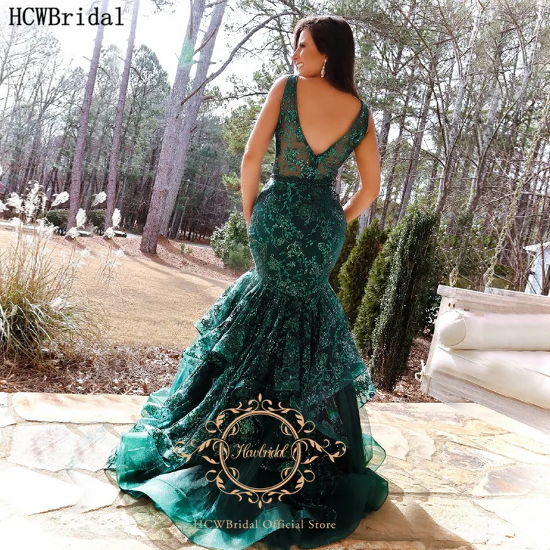 

Glitter Green Lace Long Evening Formal Dress V Neck Backless Plus Size Women Prom Party Dresses Robe De Soiree Pageant Gowns