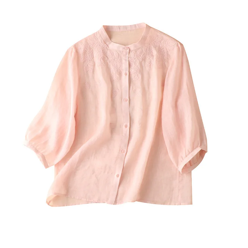 

SHUCHAN Thin Button Up Shirt Embroidery Leaves MANDARIN COLLAR Casual Three Quarter Sleeve Thin Womans Tops