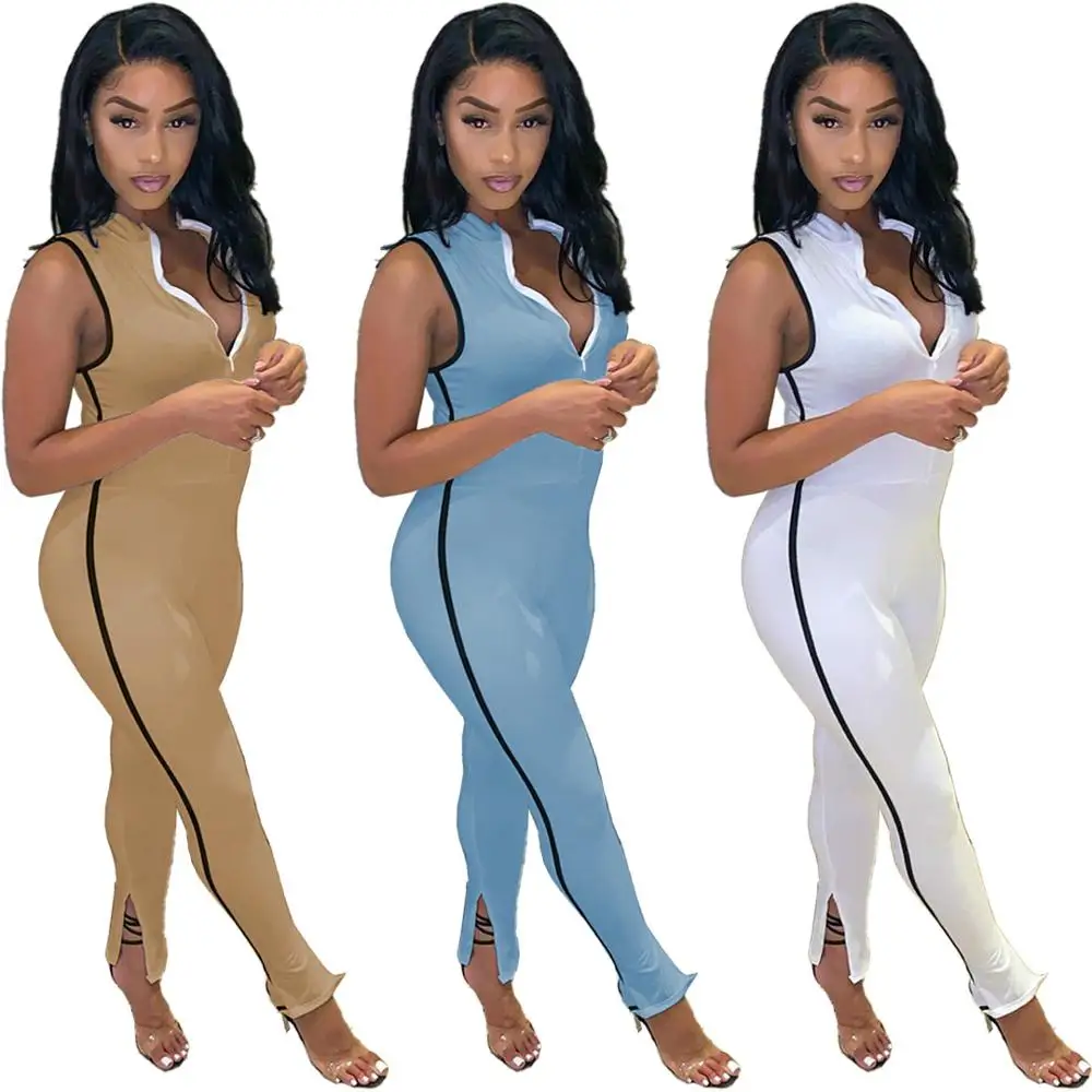 

Summer Sexy V-neck Jumpsuit Women Zipper Up Striped Sleeveless Jumpsuits Slim Fit Sport Bodycon Playsuit V-neck Overalls