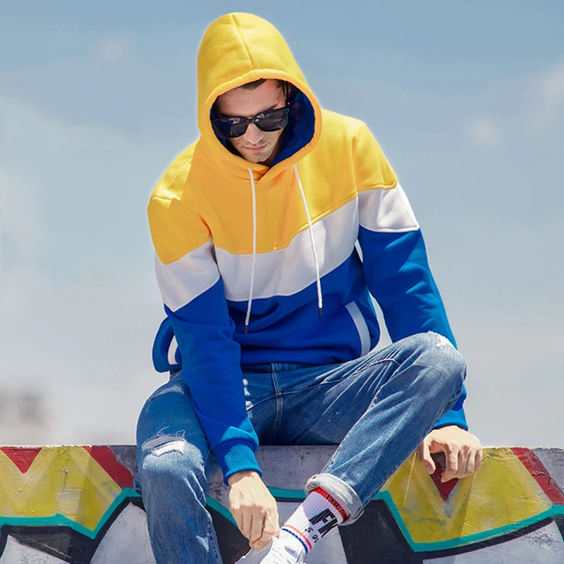 

2021 Spring Fashion Patchwork Loose Hooded Sweatshirt Men Casual Long Sleeve Hoodie Pullover Male Drawstring Harajuku Streetwear