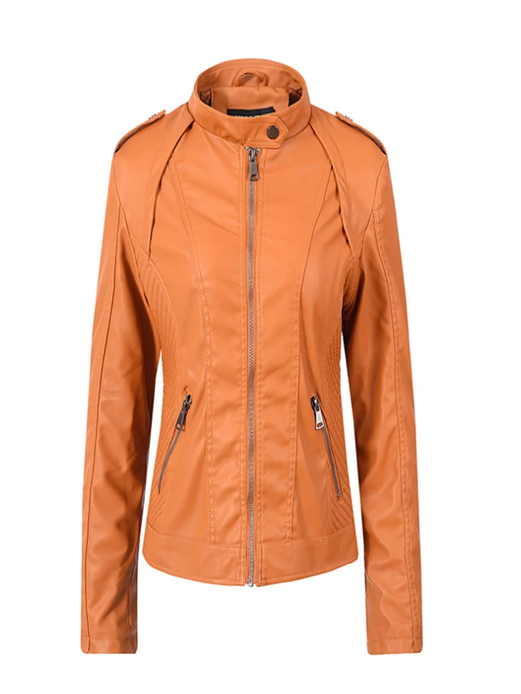 Новая осенняя и зимняя кожаная тонкая короткая женская куртка со стоячим