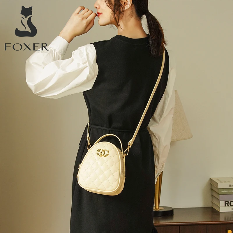 

FOXER Split Leather Classical Mini Tote for Female Casual Fashion Lady Round Shoulder Cross-body Bag Cute Small Women Handle Bag