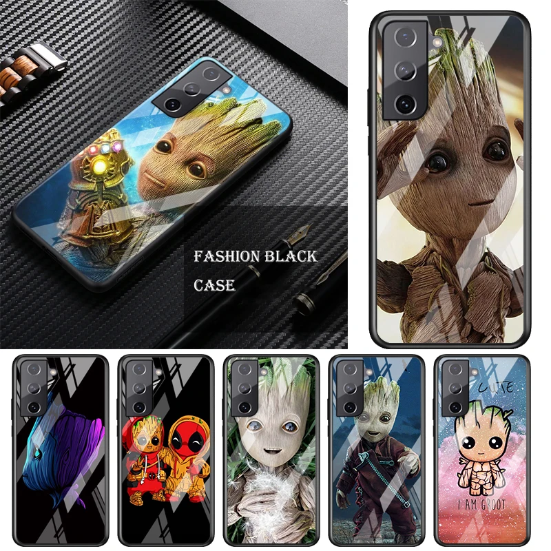 

Tempered Glass Cover Shell Luxury Groot cute For Samsung Galaxy S21 Ultra Plus 5G M51 M31 M21 Phone Case