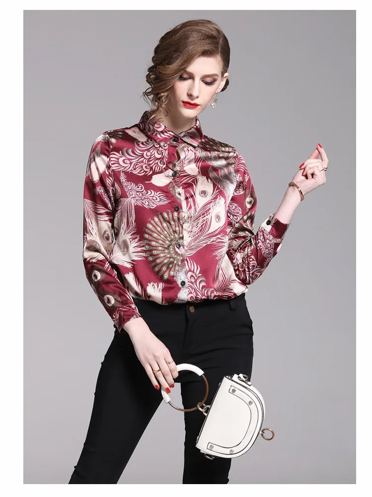 Peacock Flur Printing Blouse Women Burgundy blusas mujer de moda Sexy Casual blusas de mujer Long Full Sleeves tunique femme Hot images - 6