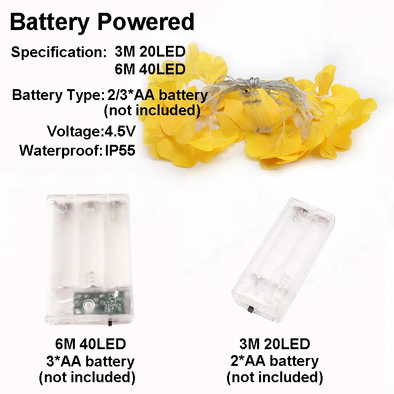 3M 20LED 6 м 40LED Ginkgo Biloba сказочные гирлянды на батарейках водонепроницаемые рождественские гирлянды для украшения свадьбы