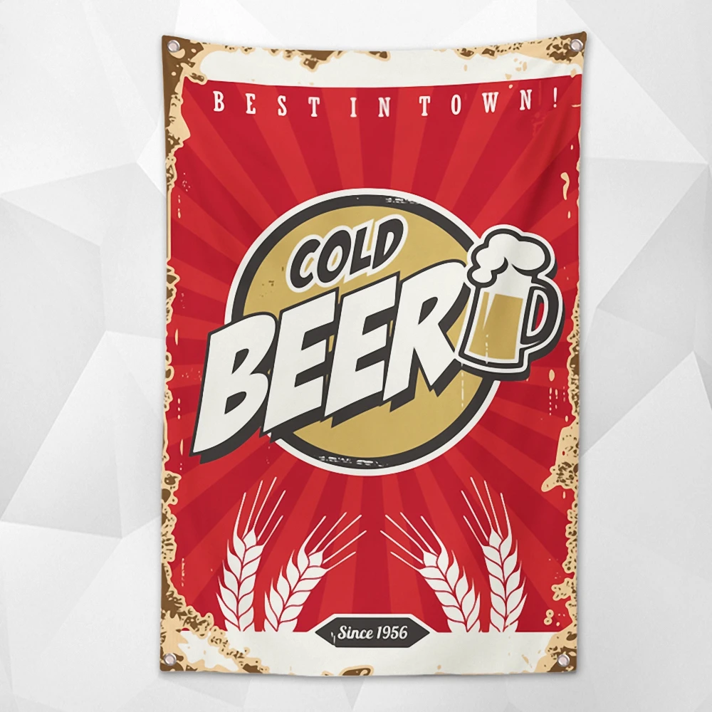 

BESTINTOWN COLD BEER Shabby Retro Banner Wall Art Bar Winery Home Decor Beer Day Poster Hanging Chart Flag with 4 Metal Grommets