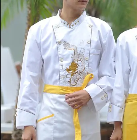 Весенняя Униформа шеф-повара куртка с длинным рукавом Китайский дракон вышивка