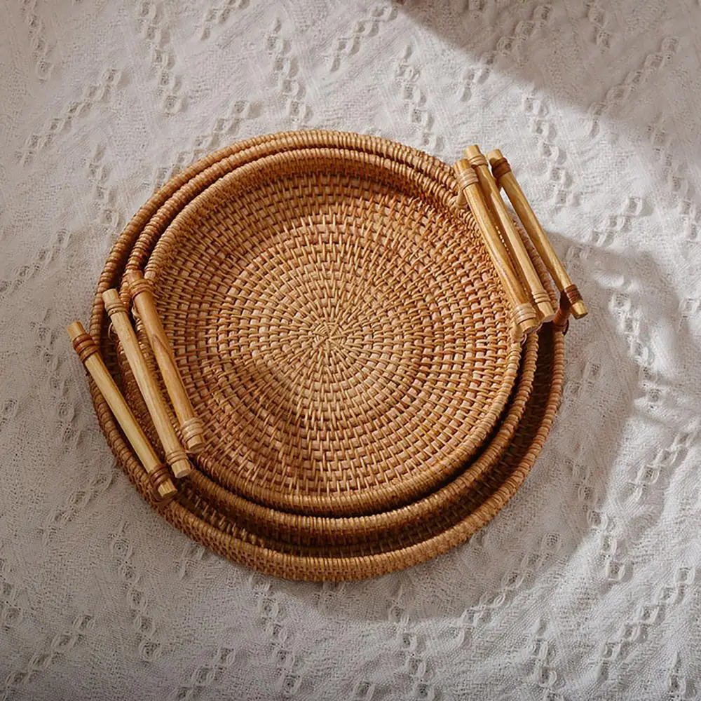 

Round Tray Handmade Food Storage Holder with Handle Drink Snack Basket Organizer