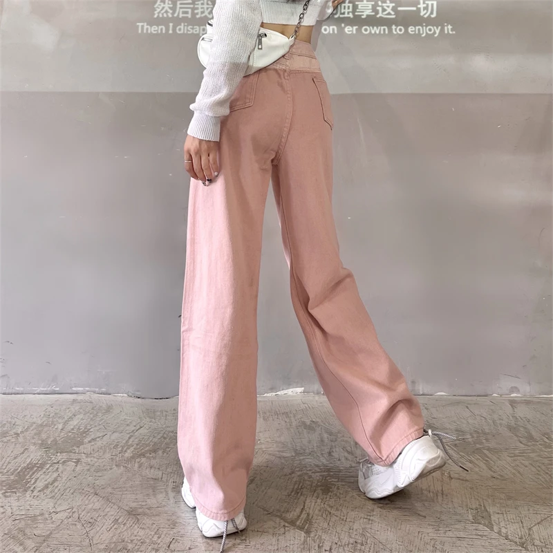 

High Waist Women Jeans Streetwear Pink Korean Fashion Pants Casual Straight 2021 Summer Wide Leg Baggy Ladies Denim Trouser