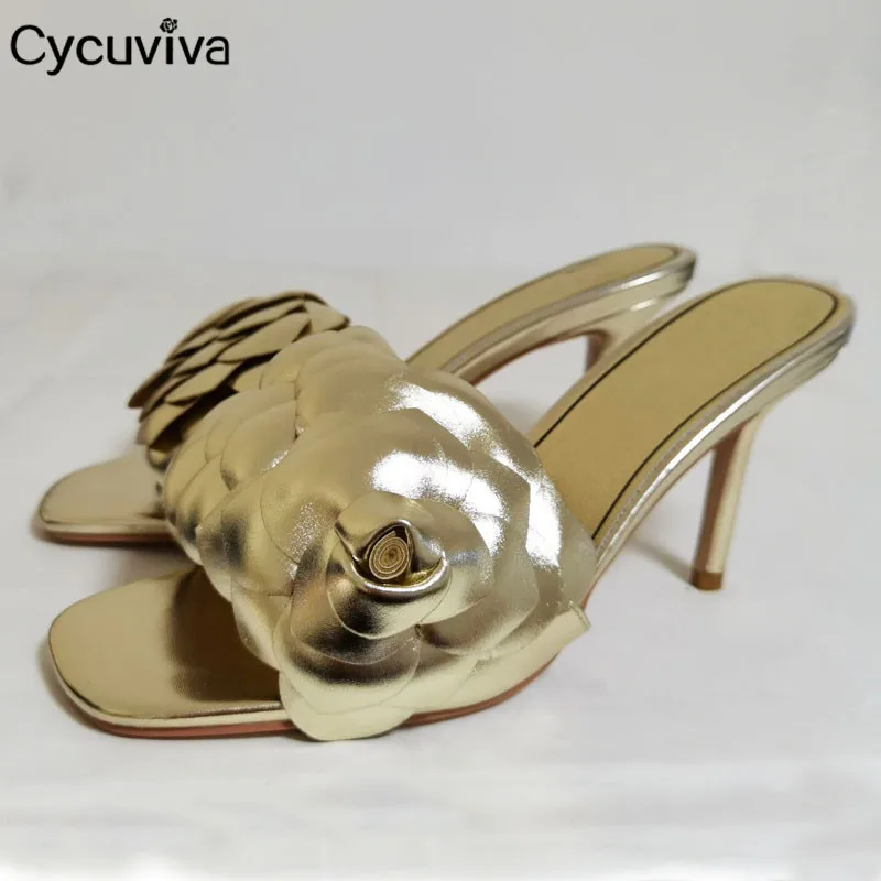

Designer Flower High Heels Slippers Women Gladiator Sandals Gold Leather Slides Women Summer Party Shoes Sandalias Mujer 2021