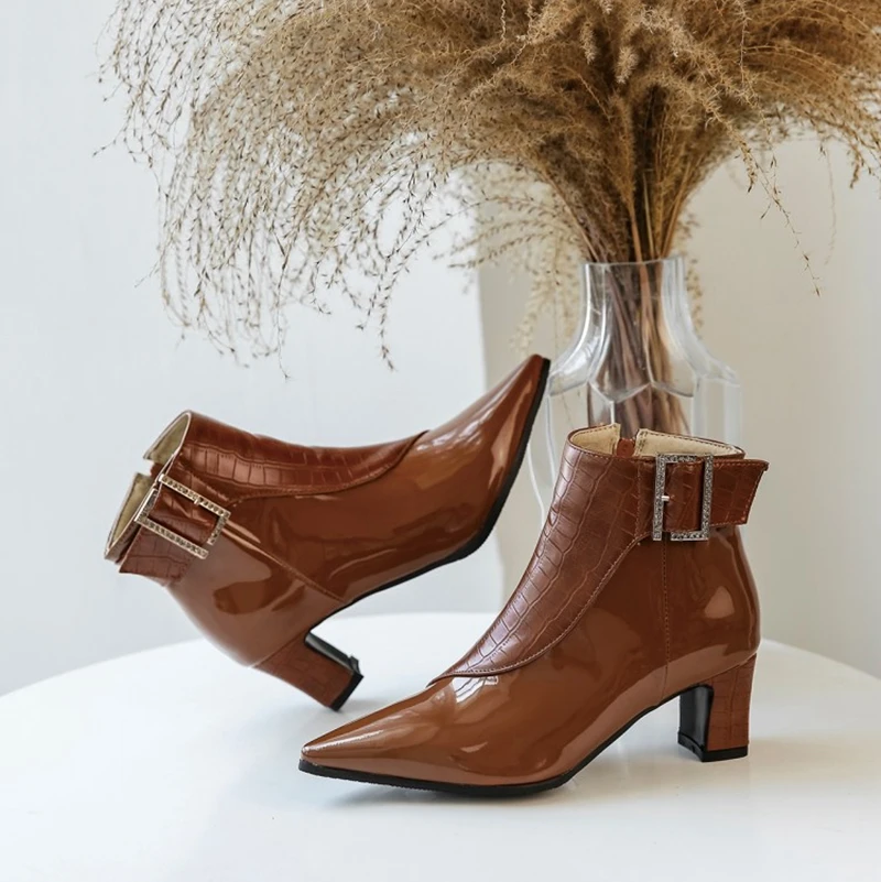 

REAVE CAT Autumn Mid-Calf boots Pointed toe Square heel Patent Zipper Metal Buckle Big size 33-46 Brown Black Casual Date S1989