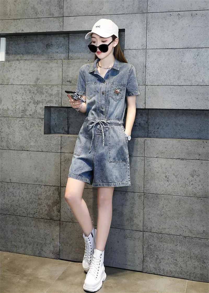 Short-Sleeved Denim Jumpsuit Women's Summer 2021 New Loose Waist Slimming Shorts Fashion Western Style Suit Trend Commute