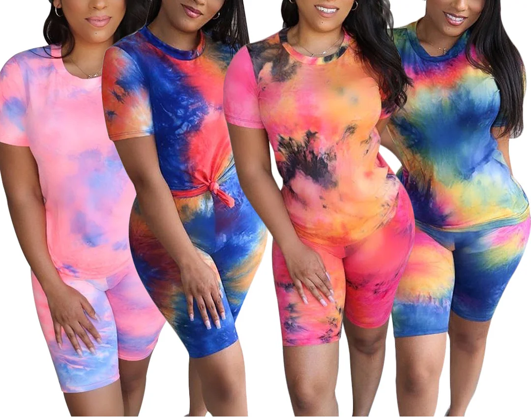 

Tie Dye Women Short Two Piece Set Top And Shorts Set Summer Tracksuit Streetwear Sweat Suit Casual 2 Piece Outfits Women Set